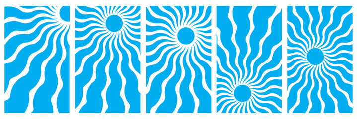 Sun groovy vertical prints set isolated on transparent background. Hand drawn abstract floral patterns with vintage grainy stippling texture . Modern retro Matisse style vector illustration