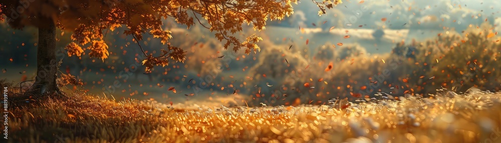 Aufkleber scenic autumn landscape with golden sunlight filtering through fall foliage, creating a serene and p