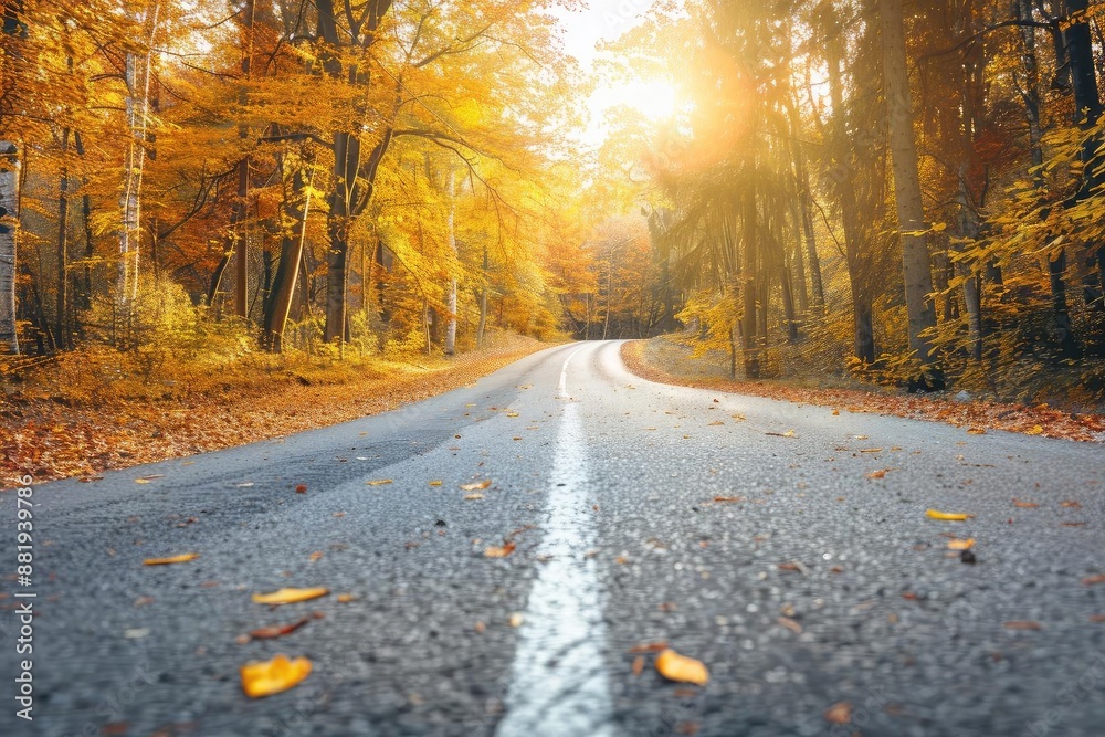 Poster Scenic autumn road lined with vibrant trees in fall foliage, with sunlight filtering through the branches, creating a serene path.