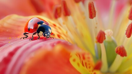 Delicate Encounter: Tiny Ladybug Exploring Springtime Flower in Macro Detail