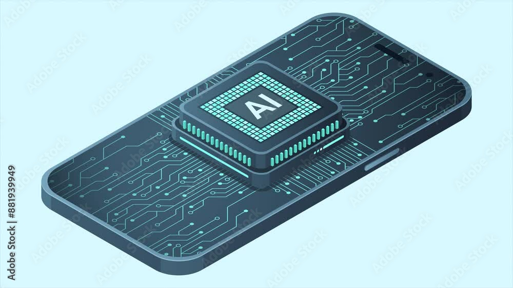 Poster isometric smartphone with ai animation. artificial intelligence and smartphone concept. smartphone w
