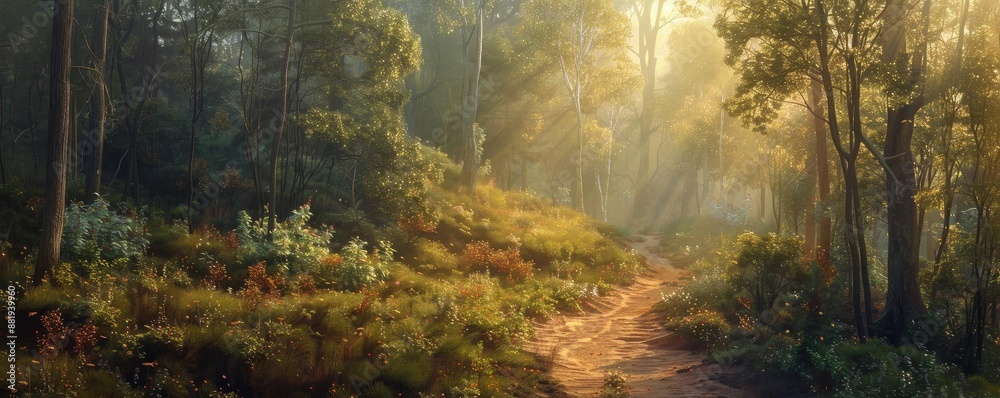 Poster Sunlight filters through tall trees on a forest path, creating a serene and tranquil atmosphere on a peaceful morning walk.