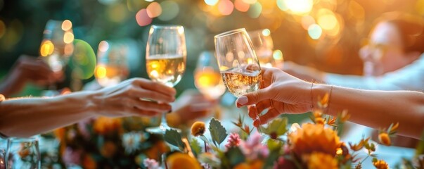 Group toasting with wine glasses at an outdoor celebration, featuring a colorful arrangement of flowers and a warm, festive atmosphere.