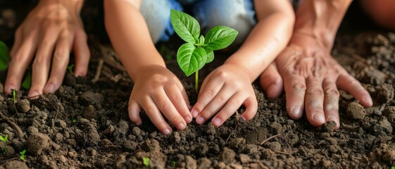 Hands of different generations planting a young green plant in the soil, symbolizing growth, nurture, and environmental care.