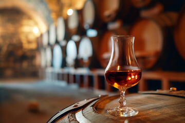 Close-up of glass of cognac on background of wooden barrels in cellar of winery.