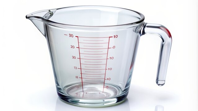Close-up of a glass measuring jug with measurements isolated on white.