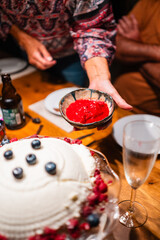 Red Strawberry Cream for Dessert Served with White Cream