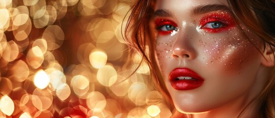 Portrait of a glamorous woman with bold red makeup and glitter, set against a background of golden bokeh lights.