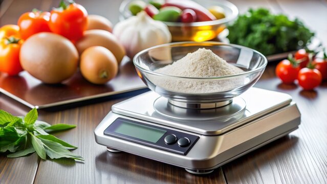 Close-up of a digital kitchen scale weighing ingredients.