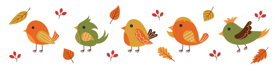 Set of cute birds of different colors. Autumn birds. Vector of birds for cards, posters, banners