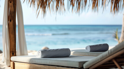 Fototapeta premium Comfortable beach lounger under a thatched umbrella with a view of the ocean