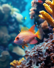 Obraz premium A close-up of a colorful tropical fish swimming among vibrant coral reefs, capturing intricate details and textures, with ample copy space, no text,