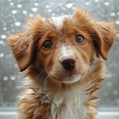 Adorable Wet Puppy Gazing Through Rainy Window on White Background - Space for Copy | Sweet Pet Portrait Concept