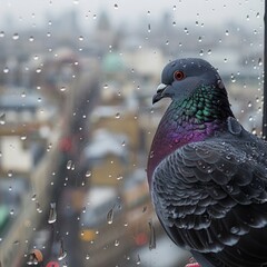 Obraz premium Pensive Pigeon in the Rain: Moody Cityscape View with Blurred Buildings and Bird Covered in Raindrops on Windowsill - Isolated on White Background for Text