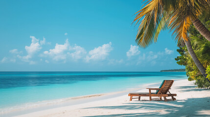 Comfortable beach lounger with scenic ocean view &ndash; perfect spot for relaxation under a palm tree