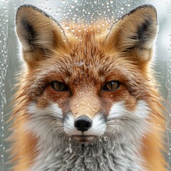 Fototapeta premium Moody Rainy Day: Drenched Fox Looking Through Rain-Covered Window on White Background
