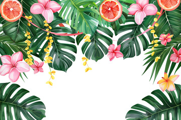 Creative layout made of tropical leaves and flowers on white background