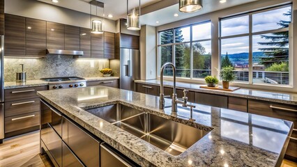 Obraz premium Sleek modern kitchen features stainless steel sink and luxurious faucet surrounded by polished granite countertops and minimalist cabinetry design.