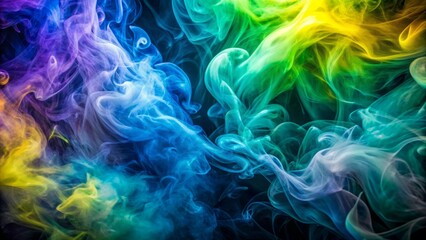 Vibrant swirls of blue, green, yellow, and purple smoke dance intricately, filling the frame with mesmerizing, whispy, ethereal patterns.