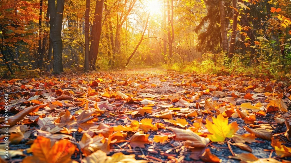 Aufkleber beautiful autumn forest scene with colorful fallen leaves on the ground and warm sunlight filtering 