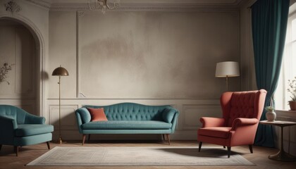 Red armchair and grey sofa near paneling wall with arch. The minimalist interior design of the modern living room.