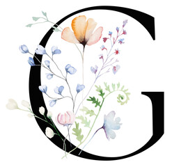 Black letter G with Watercolor pastel tender wild flowers and leaves, wedding isolated illustration