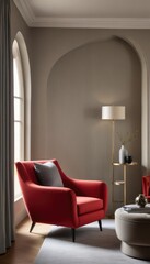Red armchair and grey sofa near paneling wall with arch. The minimalist interior design of the modern living room.