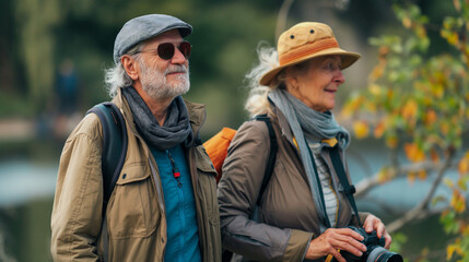 Fototapeta premium Stylish elderly couple traveling in a forest reserve, dressed in outdoor gear and ready for adventure