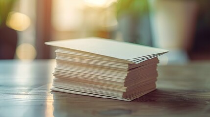 Fototapeta premium Professional Business Cards Stack on Desk with Soft Natural Light and Selective Focus