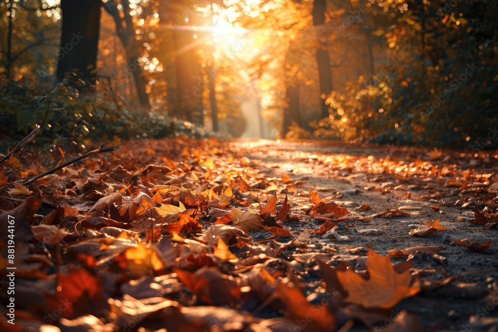 Poster a tranquil forest path covered in autumn leaves, illuminated by golden sunlight filtering through th