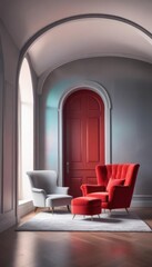 Red armchair and grey sofa near paneling wall with arch. The minimalist interior design of the modern living room.