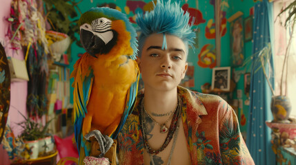 Fototapeta premium A teenager with spiky blue hair and a parrot with the same feathers in a colorful, bright room. The concept of the similarity of the owner and the pet.