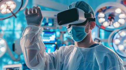 Doctors perform surgery in hospital operating room wearing AR headsets. 3D graphics of virtual AI holographic display showing vital signs and patient condition. VFX animation. Modern medicine concept.