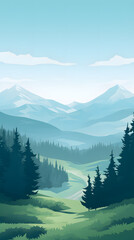 Naklejka premium digital green and blue forested landscape with mountains graphics poster mobile phone background