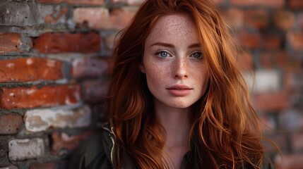 Autumnal portrait of red haired woman with freckles against rustic brick wall, seasonal vibe