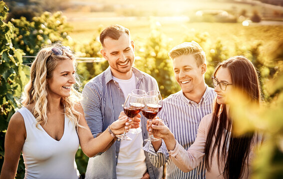 Young friends having fun outdoors - Happy people enjoying harvest time together at farmhouse winery countryside - Tasting red wine at vineyard - Focus on the girl's face with glasses