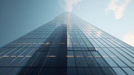 A minimalist skyscraper with sharp angles and a reflective glass exterior