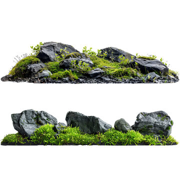 Moss, black rocks isolated on transparent background, png.