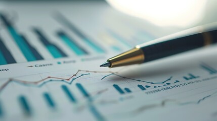 Analyzing Market Trends: Macro Close-Up of Pen Pointing at Financial Report with Charts and Graphs