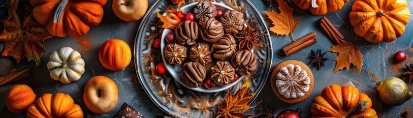 Autumn-themed table setting with assorted pumpkins, fall leaves, and a bowl of festive treats ideal for seasonal celebrations and decor inspiration.