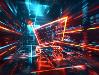 Futuristic Glowing Add to Cart Icon with Dynamic and Kinetic Cyberpunk Inspired Visuals