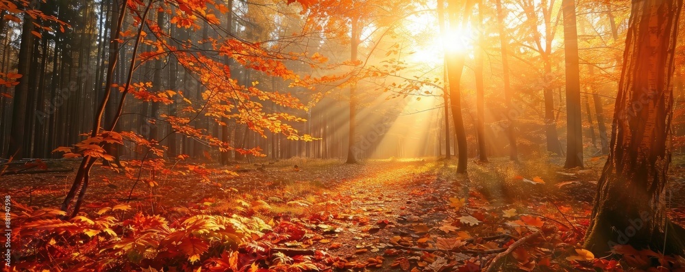 Aufkleber Sunlight streaming through autumn forest with golden leaves and serene path, creating a warm and tranquil atmosphere.