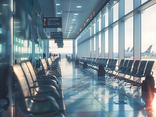 Fototapeta premium Weary Passengers Waiting at Delayed Airport Gate with High Contrast Cinematic Documentary Style