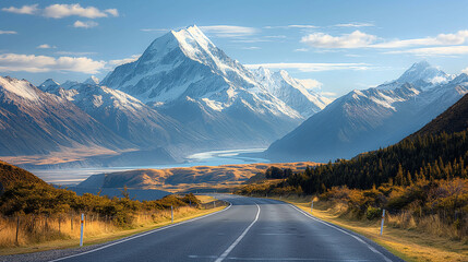 A telephoto angle photo of a winding mountain road seen from the car's windshield, with scenic views of snow-capped peaks and lush valleys, with copy space