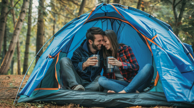 Young couple snuggle up together in tent while holding hot tea cups - Camping and hiking vacation concept - Models by AI generative
