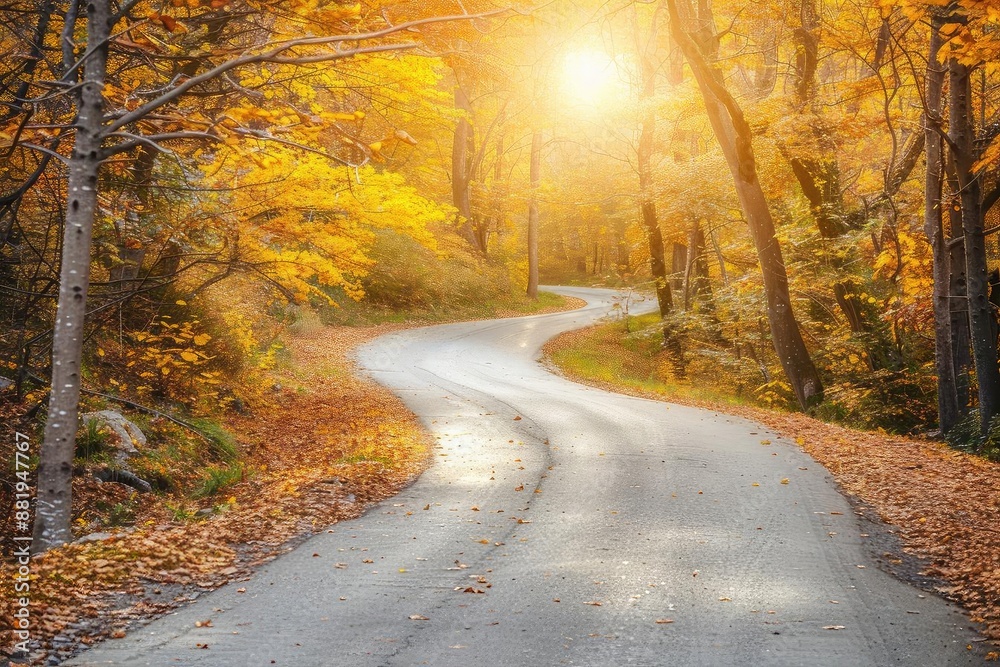 Poster winding road through a vibrant autumn forest with golden leaves and sunlight filtering through the t