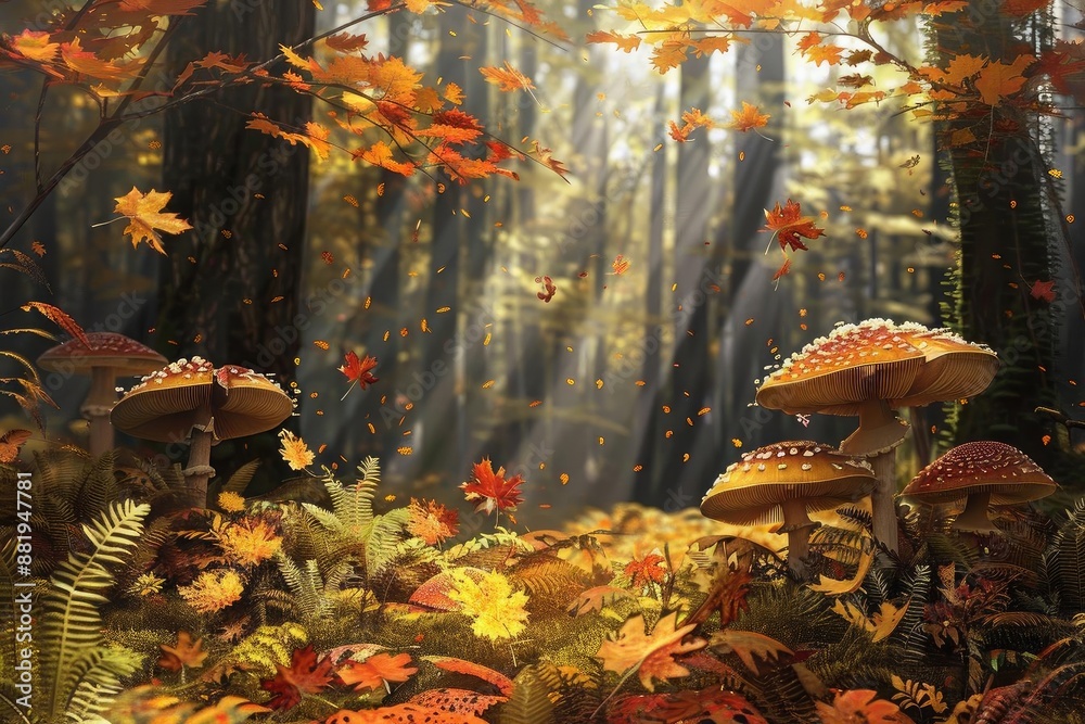 Poster autumn forest with mushrooms, sunlight streaming through trees, and colorful fallen leaves on the fo