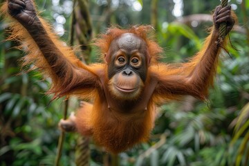 A Tapanuli orangutan swinging from vine to vine in a Sumatran jungle, its distinctive reddish fur and long arms creating a striking image. 