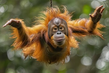 A Tapanuli orangutan swinging from vine to vine in a Sumatran jungle, its distinctive reddish fur and long arms creating a striking image. 