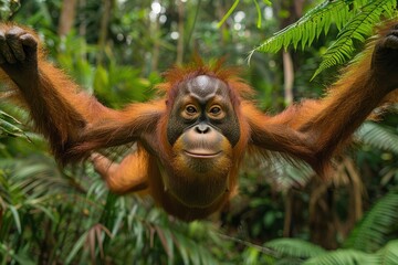Fototapeta premium A Tapanuli orangutan swinging from vine to vine in a Sumatran jungle, its distinctive reddish fur and long arms creating a striking image. 